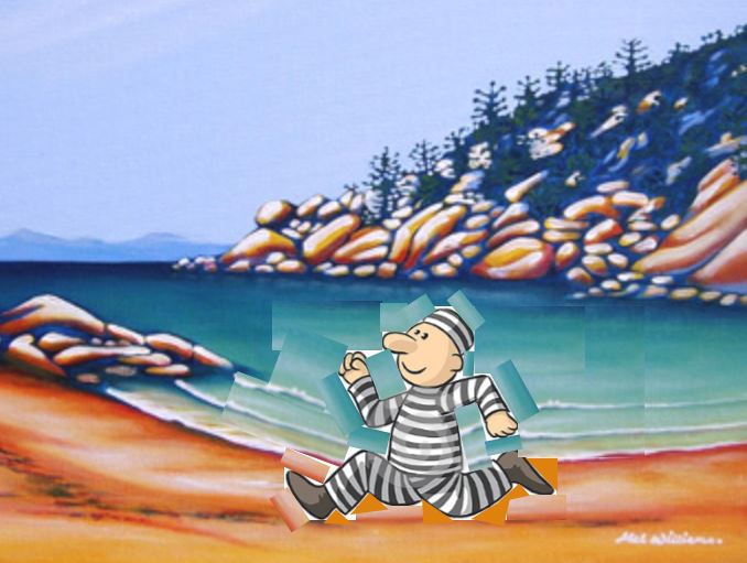 Convict running by ocean inlet