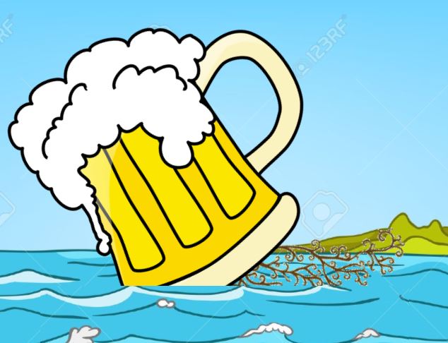 Mug of beer with roots on the bottom floating on the ocean